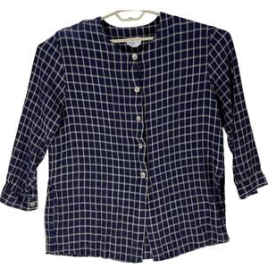 Vintage CLIO II Blouse Women Plus 1X Blue Plaid Button Front Shoulder Pads 90s